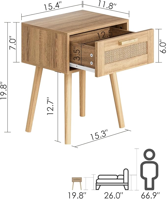 Aienvey Rattan Nightstand, Small Night Stand, Side Table with Drawer Open Shelf, Cane Accent Bedside End Table with Wood Legs, Bohemian Wood Nightstand for Bedroom, Oak (Bohemian)