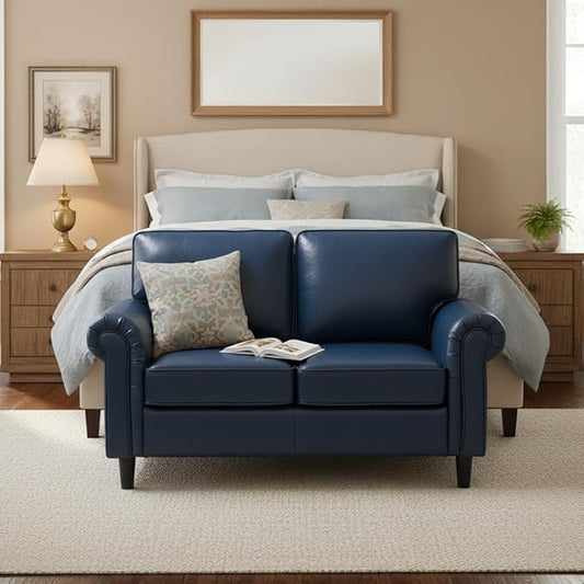 Kingfun Loveseat 2 Seater Couch, Mid Century Modern Faux Leather Sofa with Rolled Arms and Deep Seats, Fluffy Comfort for Living Room, Apartment, Easy Assembly, Blue