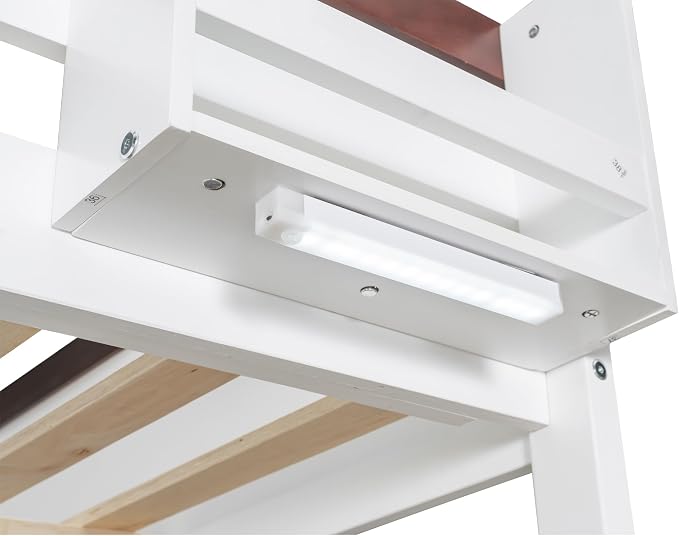 RUNNA Queen Bunk Bed with Shelves,Storage Box,LED,USB Charging,White | Queen bunk bed with shelves, storage box,LED light,USB charging, solid wood frame,guardrails,no box spring needed,white