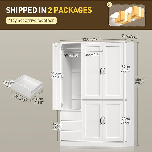 RALGEND Armoire Wardrobe Closet with 3 Drawers, 5 Doors Wardrobe Cabinet for Bedroom, 70.9" Bedroom Armoire with Hanging Rod, Large Capacity Storage Wardrobe Armoire, Clothing Storage Closet, White