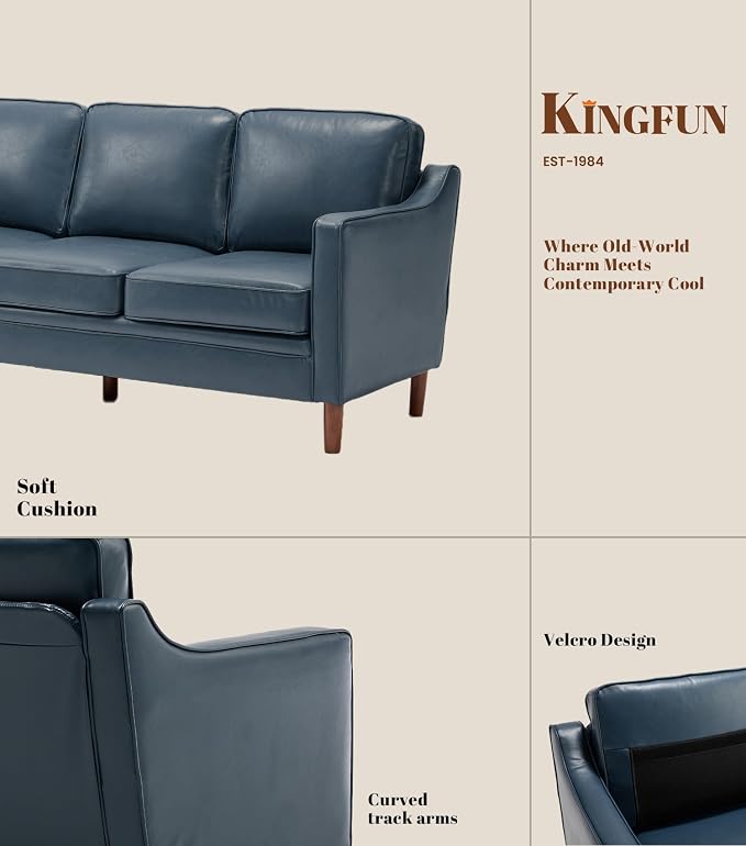 Kingfun 80" Faux Leather Sofa, 3 Seater Couch, Mid Century Modern Couches with Solid Wood Legs for Living Room Bedroom