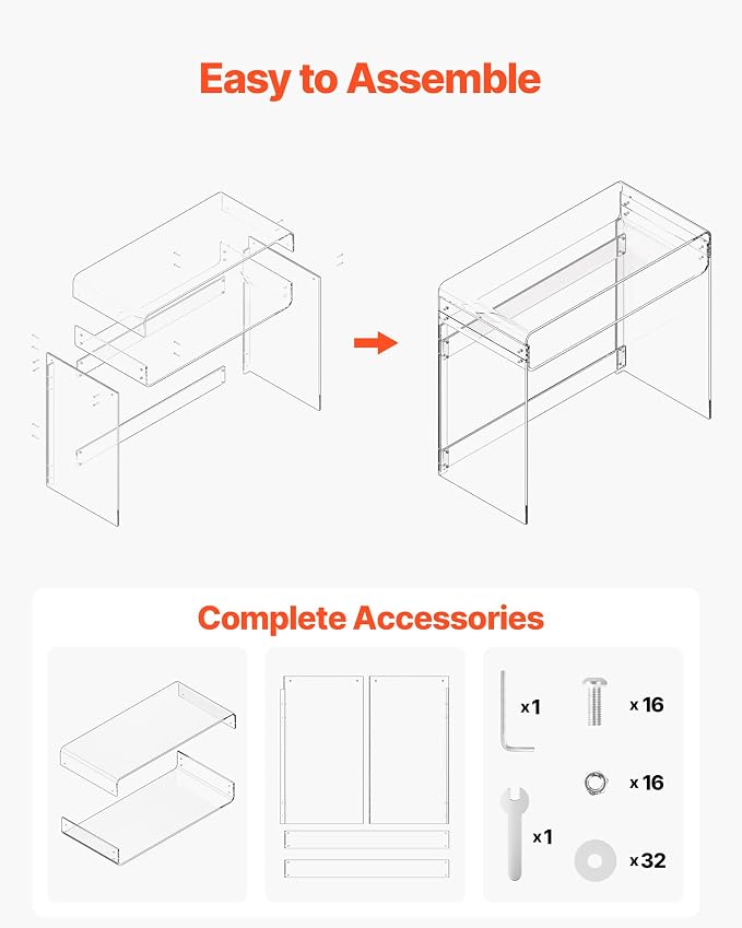 VEVOR Acrylic Desk, Clear Laptop Study Desk with Storage Shelf, Modern Transparent Console Table for Home Office, Living Room, Bedroom, Entryway, 33.5" W x 15.7" D x 29.5" H
