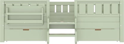 Bellemave Full Size Kids Bed with high Rails and with Built-in Bookshelf and Drawers for Kids, Girls, Boys, Wood Montessori Bed Without Door, Avocado Green