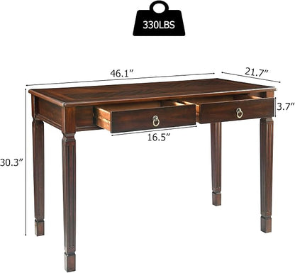 Large Computer Desk With 2 Storage Drawers, 46" Home Office Desks- , Elegant Wood Writing Desks with Carved Legs, Classic Vanity Dressing Table for Living Room, Easy Assembly, Caramel Brown BSZ-D1258