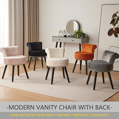 Vanity Chair with Back, Velvet Stool with Low Backrest & Silver Nailhead Trim, Round Vanity Seat for Bedroom and Bathroom Makeup, Support 220lbs, Easy Assembly (Pink)