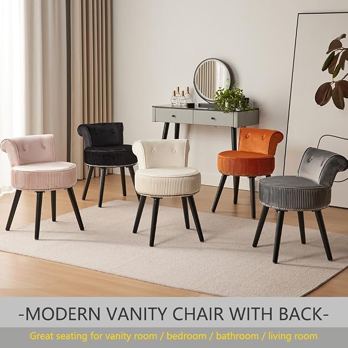 2BYFVanity Chair with Back, Velvet Stool with Low Backrest & Silvery Nailhead Trim, Round Vanity Seat for Bedroom and Bathroom Makeup, Support 220lbs, Easy Assembly (Gray)