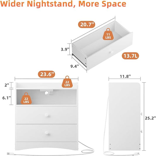 Memobarco Nightstand with Charging Station and LED Light,Modern Nightstand with USB Ports and Outlets,Wood Bedside Tables with 2 Storage Drawers,Small Dresser for Bedroom Small Space,White