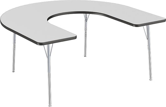 FDP Horseshoe Activity School and Office Table (60 x 66 inch), Standard Legs with Swivel Glides, Adjustable Height 19-30 inches - Gray Top, Black Edge, Silver Legs
