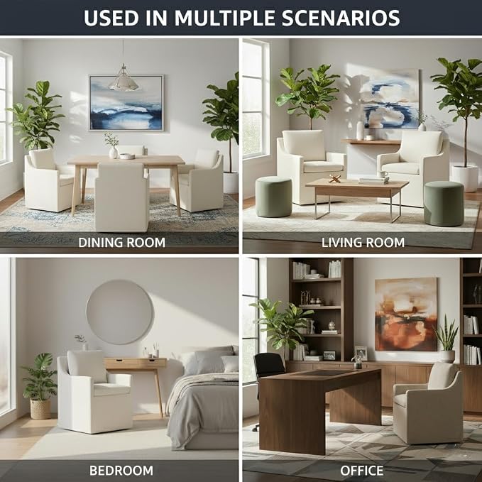 KISLOT Upholstered Dining Chairs Set of 4, Modern Dining Room Chairs with Casters & Washable Cover, Rolling Accent Chair with Hidden Storage for Kitchen, Farmhouse, Living Room, Linen, 4 Box