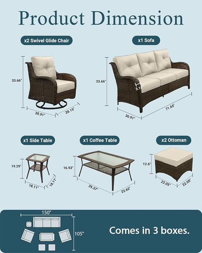 Patio Furniture Set, 7PCS Outdoor Wicker Conversation Set with 6" Thick Cushions, High Back Rattan Sofa & Swivel Rocker Chairs, Weather Resistant Olefin Fabric for Garden, Poolside, Beige