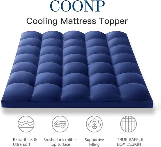 COONP King Mattress Topper, Extra Thick Pillowtop, Cooling Plush Mattress Pad Cover Bed Topper Protector with 8-21 Inch Deep Pocket (Navy Blue, King)