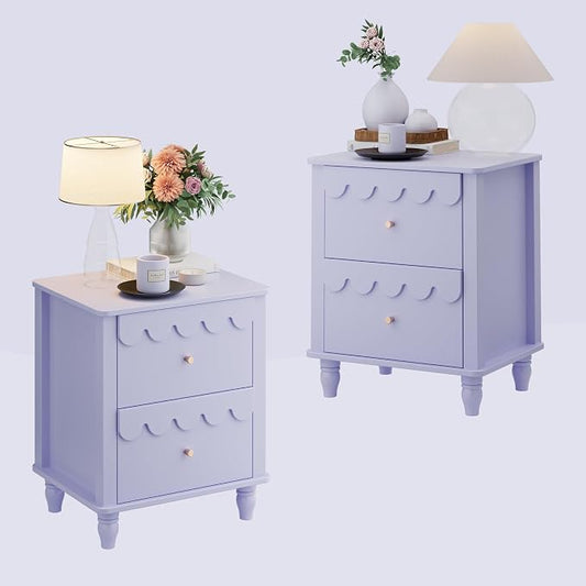 Anbuy Purple End Table Set of 2 with Petal Pattern, Modern Night Stand Set 2 with 3 Drawers for Bedroom, Side End Table Scalloped Bedside Night Tables with Solid Wood Legs