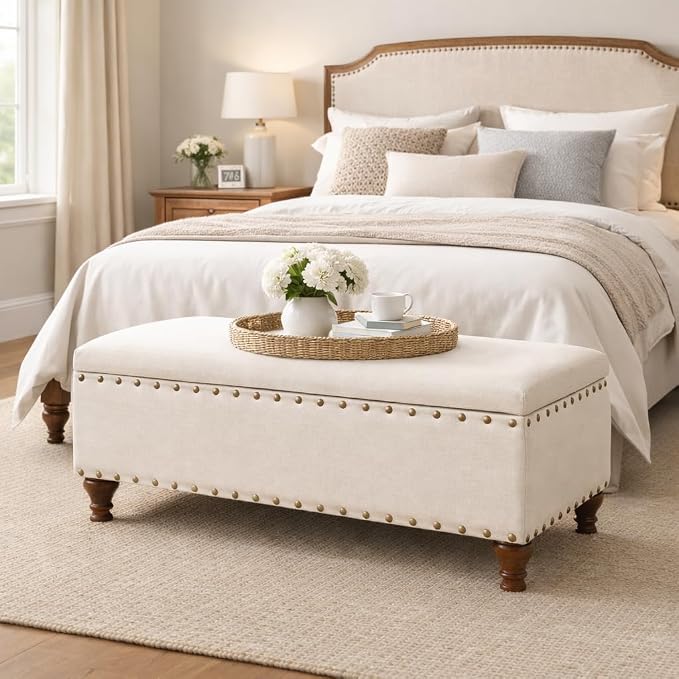 HomePop Large Storage Bench with Nailhead Trim - Cream