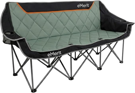 EMERIT 3 Person Camping Chair,900lb Heavy Duty Triple Loveseat Wide Padded Folding Couch for Adults & Family