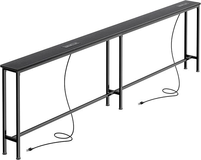 SUPERJARE 86.6 Inch Sofa Table with 2 Power Outlets and USB-C Ports, 5.9 Inch Narrow Console Table with Storage, Long Entryway Hallway Couch Table Behind Sofa, Small Spaces, Living Room, Black