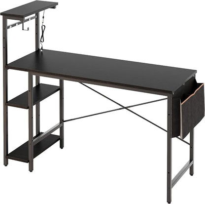 Bestier Gaming Desk with LED Lights, 51.3 Inch Computer Desk with 4 Tiers Reversible Shelves, Home Office Writing Desk with Side Storage Bag, Hooks and Height Adjustable Shelf (Black Grained)