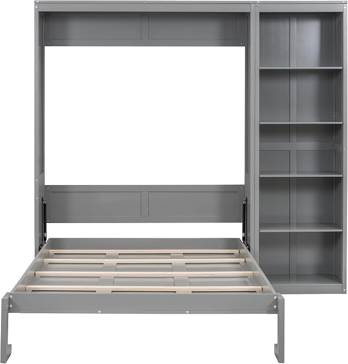 Merax Space-Saving Gray Murphy Bed Full Size with Adjustable Storage Shelves, Multifunctional Foldable Wall Bed for Small Spaces Studio Study Office Guest Room