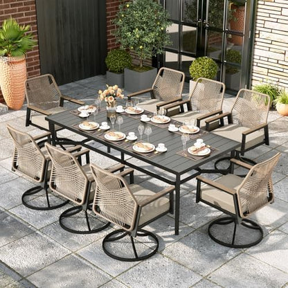 MIXPATIO 9pc Patio Dining Set, 83" Rectangular Metal Table, 8 Swivel Chairs
