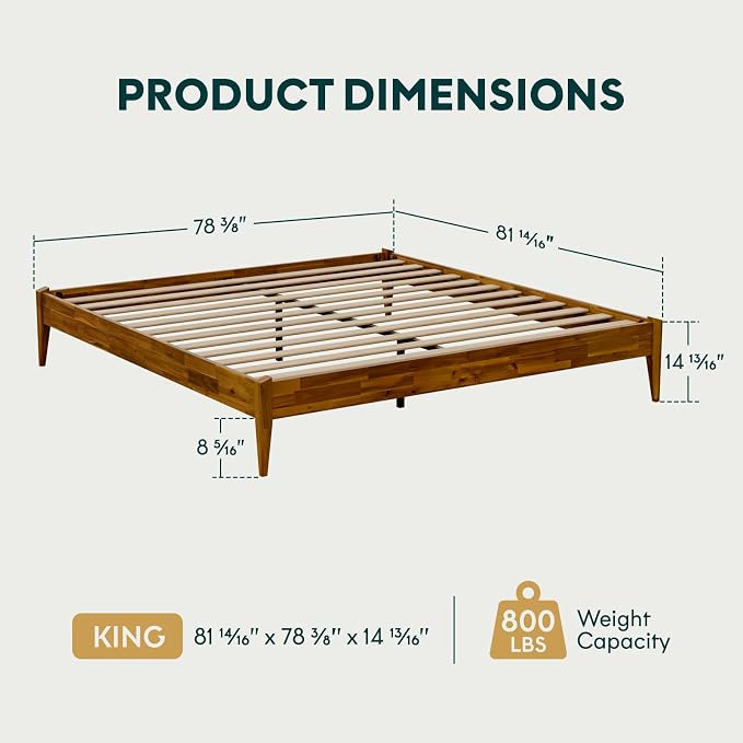 Bme Dinkee King Bed Frame Wood 15 Inch - Solid Wood Platform Bed Frame - Japanese Joinery Bed - Modern & Minimalist Style - Wood Slat Support - Easy Assembly - No Box Spring Needed - Caramel