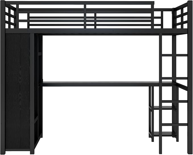 Bellemave Twin XL Loft Bed with Desk, Wardrobe, Metal Twin XL Loft Bed Frame for Adults, Kids, Teens, Black