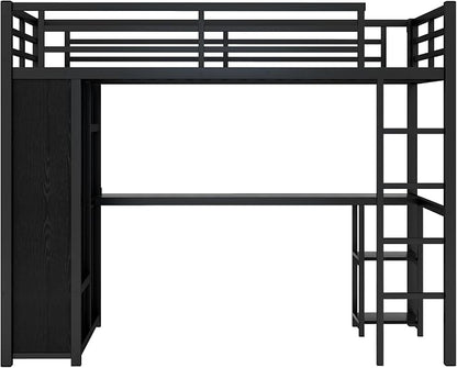 Bellemave Twin XL Loft Bed with Desk, Wardrobe, Metal Twin XL Loft Bed Frame for Adults, Kids, Teens, Black