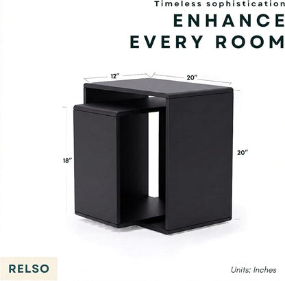 Relso Cascade Nesting Tables Set of 2 - Solid Wood with Smooth Rounded Edges for Stylish Living Room, Bedroom Or Outdoor Use - Space-Saving Design, Natural Grain, Long-Lasting, Black Finish