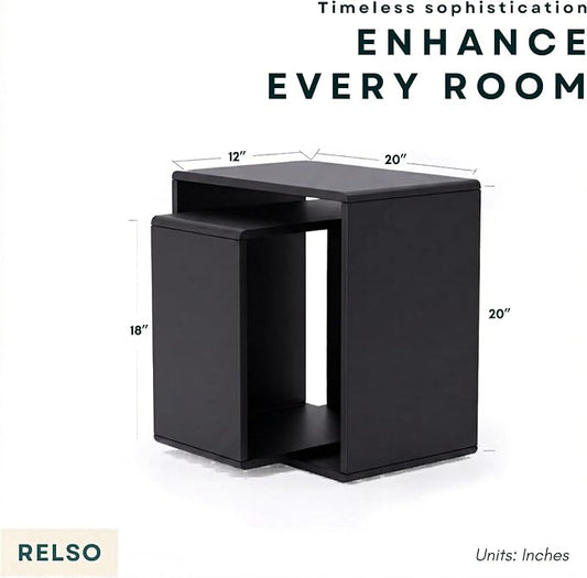Relso Cascade Nesting Tables Set of 2 - Solid Wood with Smooth Rounded Edges for Stylish Living Room, Bedroom Or Outdoor Use - Space-Saving Design, Natural Grain, Long-Lasting, Black Finish
