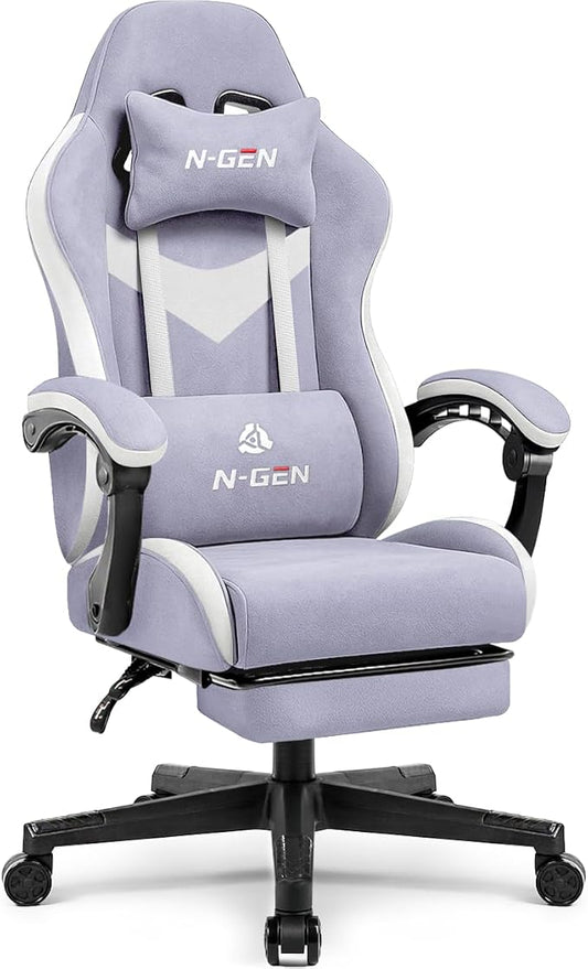 N-GEN GAMING Video Gaming Chair with Footrest Lumbar Support for Home Office High Back Recliner Height Adjustable Ergonomic Comfy Fabric Computer Desk Chair (Purple)