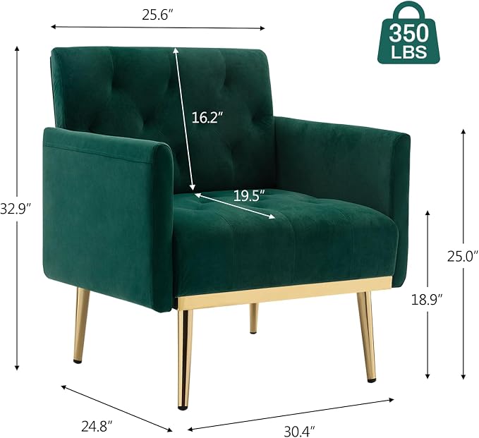 Green Velvet Accent Chairs Set of 2, Comfy Button Tufted Armchair, Upholstered Arm Chair Single Sofa Reading Chairs with Arms and Gold Metal Leg for Living Room Bedroom Nursery Office