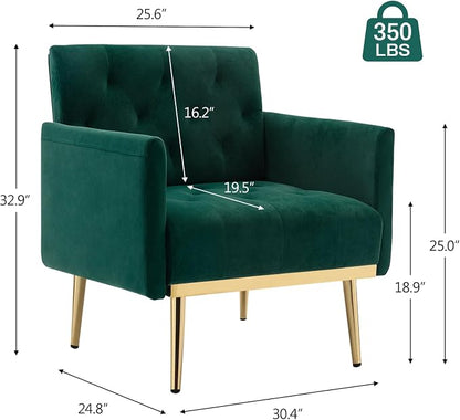 Green Velvet Accent Chairs Set of 2, Comfy Button Tufted Armchair, Upholstered Arm Chair Single Sofa Reading Chairs with Arms and Gold Metal Leg for Living Room Bedroom Nursery Office