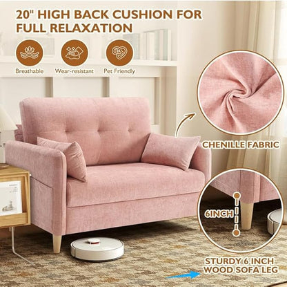 Urhanherry 47" Small Sofa Couch for Bedroom, Soft Chenille loveseat Mini Couch with Throw Pillow and Removable Cushion Cover for Small Spaces, Living Room, Apartment, Dorm, Office(Pink)