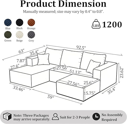 92.5'' U-Shaped Boneless Couches, Sectional Sofa with Deep Seat with Ottoman, Corduroy Modular Sectional Sofa, Convertible Cloud Couch with Oversized Deep Seats No Assembly Needed