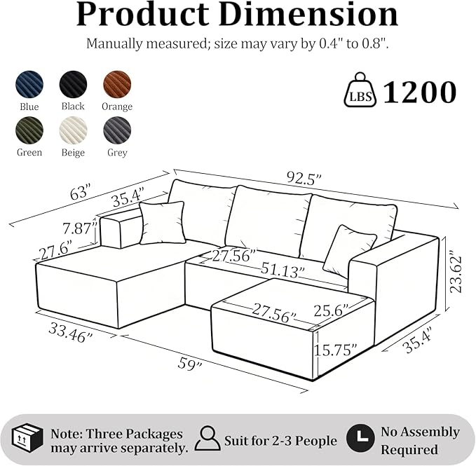 BSHOMGI 92.5'' U-Shaped Boneless Couches, Comfy Corduroy 3 Seaters Sofas with Ottoman, Modern High Back Sectional Sofa for Living Room with Oversized Chaise Deep Seat Sofa, No Assembly Needed