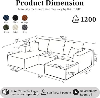 92.5'' U-Shaped Boneless Couches, Sectional Sofa with Deep Seat with Ottoman, Corduroy Modular Sectional Sofa, Convertible Cloud Couch with Oversized Deep Seats No Assembly Needed