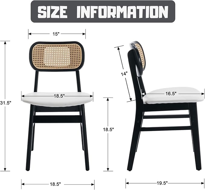 ROCITY Rattan Dining Chairs Set of 2 Black Wooden Dining Room Chairs White Faux Leather Kitchen Chairs with Back Farmhouse Side Chairs