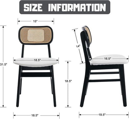 ROCITY Rattan Dining Chairs Set of 2 Black Wooden Dining Room Chairs White Faux Leather Kitchen Chairs with Back Farmhouse Side Chairs