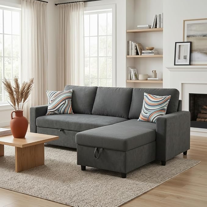 Pull Out Couch, L Shaped Sectional Couch with Pull Out Bed, Convertible Sofa Bed with Storage Chaise, Queen Size Sleeper Sofa, Sofa Bed Couch, Sleeper Sofa with Storage, Dark Gray