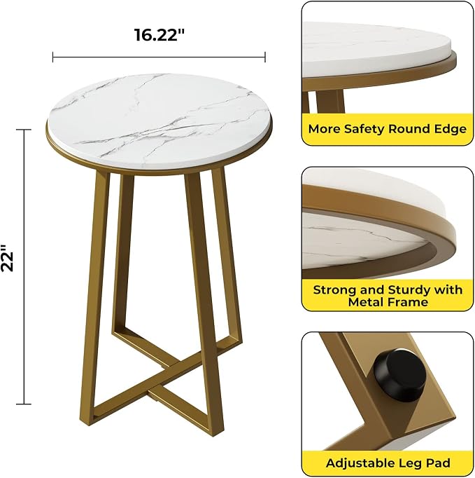 Dorriss Round End Tables, Small Side Table White Marble Texture MDF Top,Metal Frame Gold Color, Tall End Table for Bed Room,Coffee Tea End Table for Living Room (White Marble+Gold)