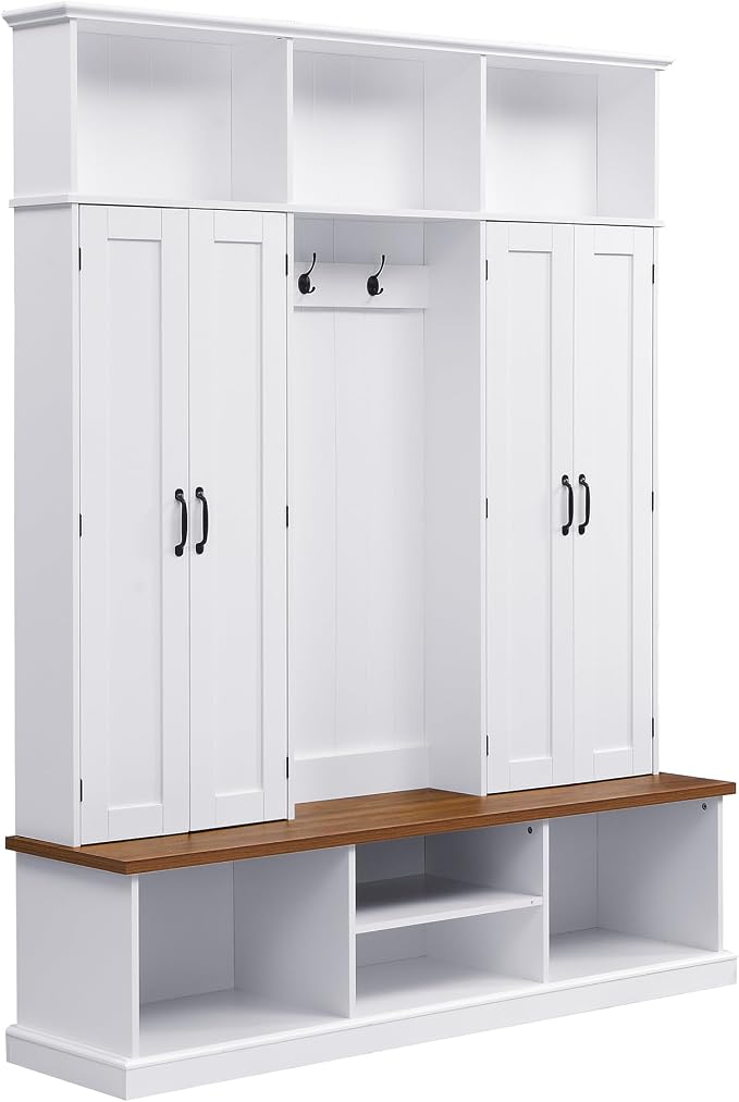 62.2" W Hall Tree with Bench and Shoe Storage,Shoe and Coat Rack with Cabinets and Hooks,Farmhouse Furniture for Entryway,Mudroom,Living Room,White