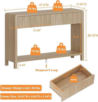 FATORRI Console Table for Entryway Storage, 47.2 inch Wood Sofa Tables for Living Room, Couch Table with 2 Drawers for Hallway, Light Walnut