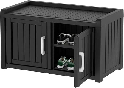 DRATO Indoor Outdoor Shoe Storage Cabinet, Waterproof Shoe Cabinet with Adjustable Shelves, Multifunctional Resin Storage Bench for Entryway, Foyer, Hallway (Black, Duble Doors)