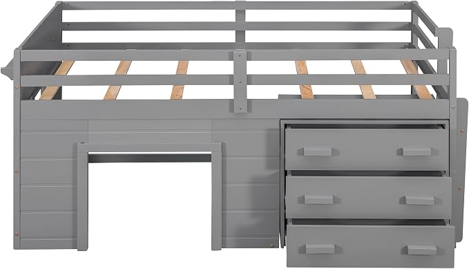 Bellemave Twin Size Low loft Bed for Kids,Wood Modern Farmhouse Twin Loft Bed with and Drawer Storage, No Box Spring Needed, Gray