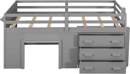 Bellemave Twin Size Low loft Bed for Kids,Wood Modern Farmhouse Twin Loft Bed with and Drawer Storage, No Box Spring Needed, Gray