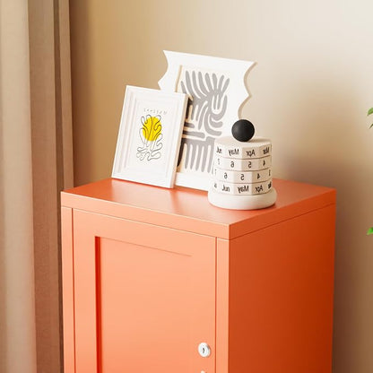 ALBAD Metal Nightstand with Lockable Cabinet, Compact Mini Locker Bedside Table for Kids & Adults, Modern Steel Side Table for Bedroom, Dorm, or Living Room (Orange)