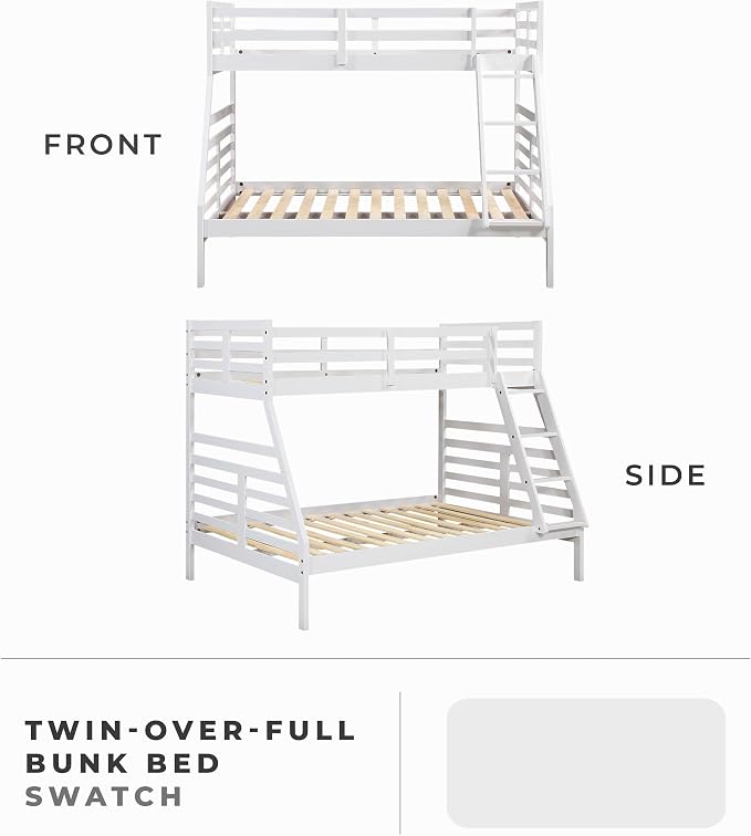 Lexicon Bunk Bed Twin Over Full, Wooden Bed Frame with Sturdy Ladder and Safety Guard Rails, Modern Space-Saving Design, for Bedroom/Guest Room, No Box Spring Needed, White