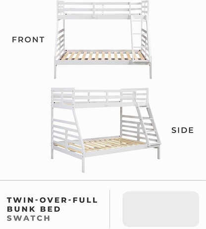 Lexicon Bunk Bed Twin Over Full, Wooden Bed Frame with Sturdy Ladder and Safety Guard Rails, Modern Space-Saving Design, for Bedroom/Guest Room, No Box Spring Needed, White