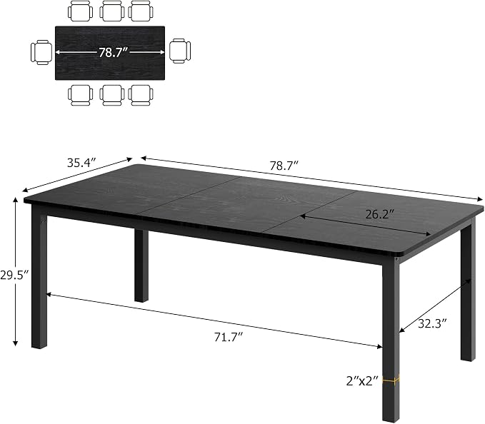 GarveeHome 78.7 in Industrial Dining Table for 6, Wooden Long Dinner Table with Mortise Tenon Design, Kitchen Table with Sturdy Metal Legs, for Dining Room Home Office Living Room, Black