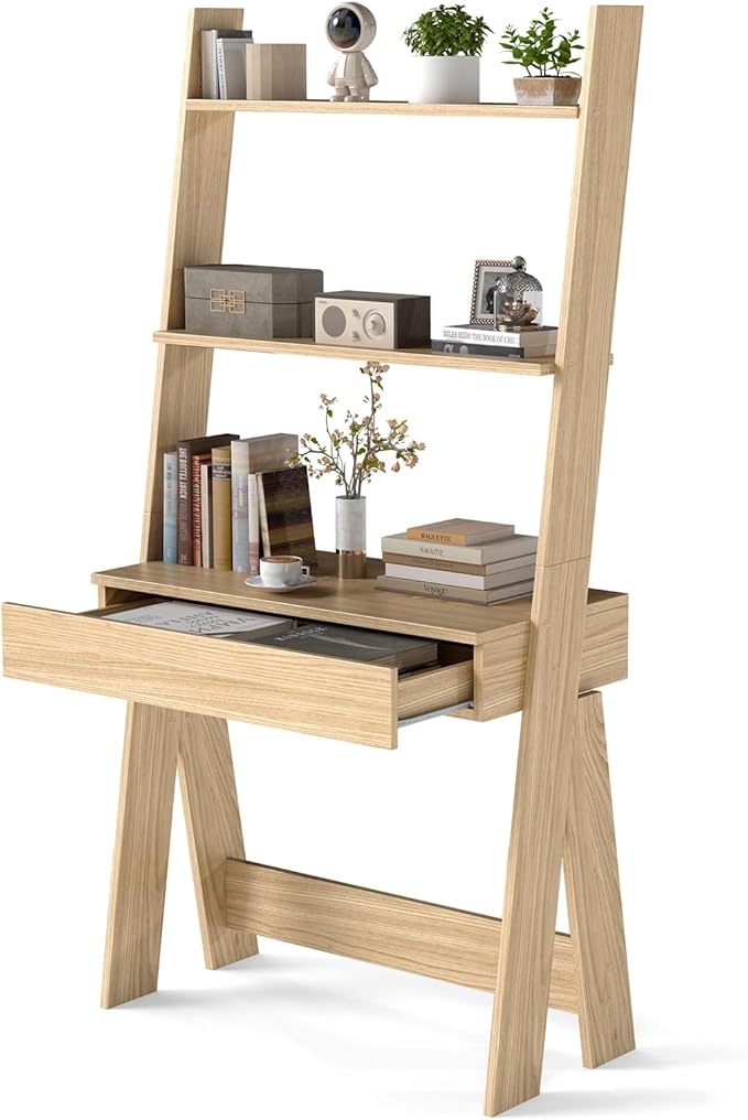 Tangkula Ladder Desk with Countertop & Drawer, Home Office Computer Laptop Table with Open Shelves & Anti-Tip Kits, Wall-Leaning Compact Working Station for Small Spaces (Natural)