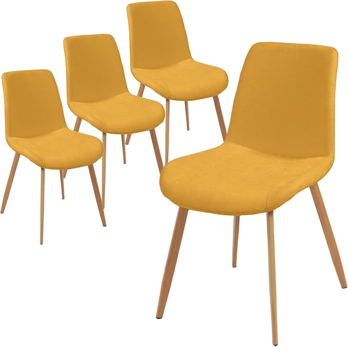 HIPIHOM Dining Chairs Set of 4, Mid-Century Modern Fabric Kitchen Chairs | Curved Backrest for Comfort, High-Density Sponge Padded Seat, Heat and Stain Resistant Surface, Sturdy Wood-Grain Metal Legs