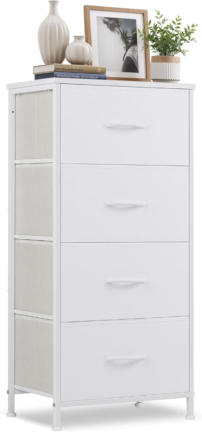 4 Drawers Dresser for Bedroom, Fabric Storage Tower Organizer with Wooden Top and Steel Frame, Tall Chest of Drawers for Closet, Entryway, Dorm, Ivory White